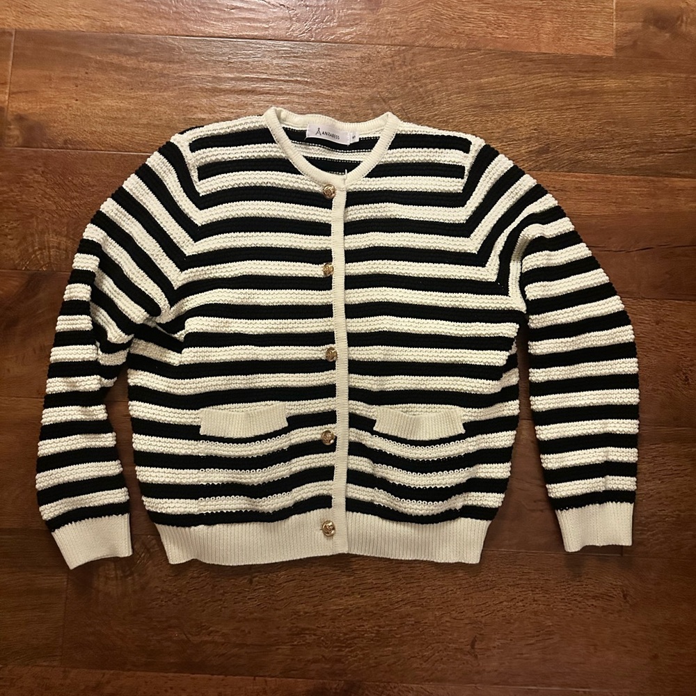 Cardigan, black ivory stripes gold buttons, perfect condition